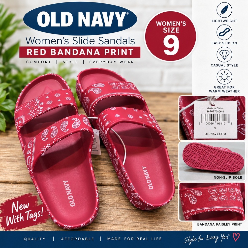 Old Navy Womens Red Bandana Paisley Print Slide Sandals S676770-06-1 Size 9